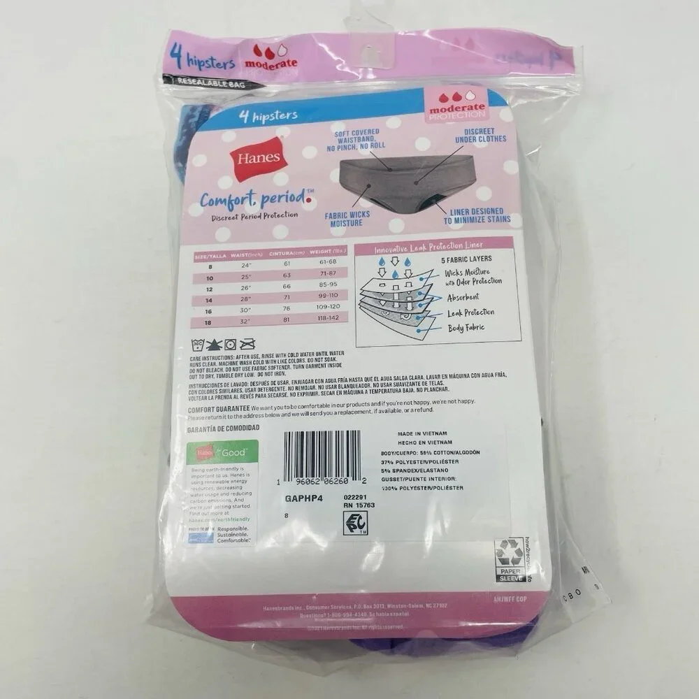Hanes Girls Size 8 Tagless Hipster‎ Period Panty 4 Pack Moderate Protection 375